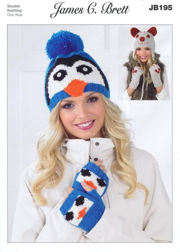 JB195 James C Brett Ladies Penguin or Dog Hats and Fingerless Gloves in DK