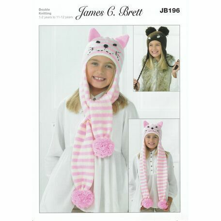 JB196 James C Brett Childrens Cat Scarf and Hat, and Bear Helmet ages 1 – 12yrs  in DK
