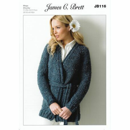 JB116 James C Brett Ladies Belted Cardigan in Rustic Mega Chunky