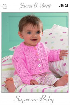 JB123 James C Brett Babies Cardigan, 12-20” in Baby Supreme 4Ply